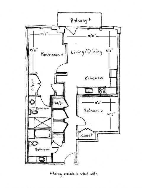 A drawing of a floor plan for a residence with a balcony available in select units.